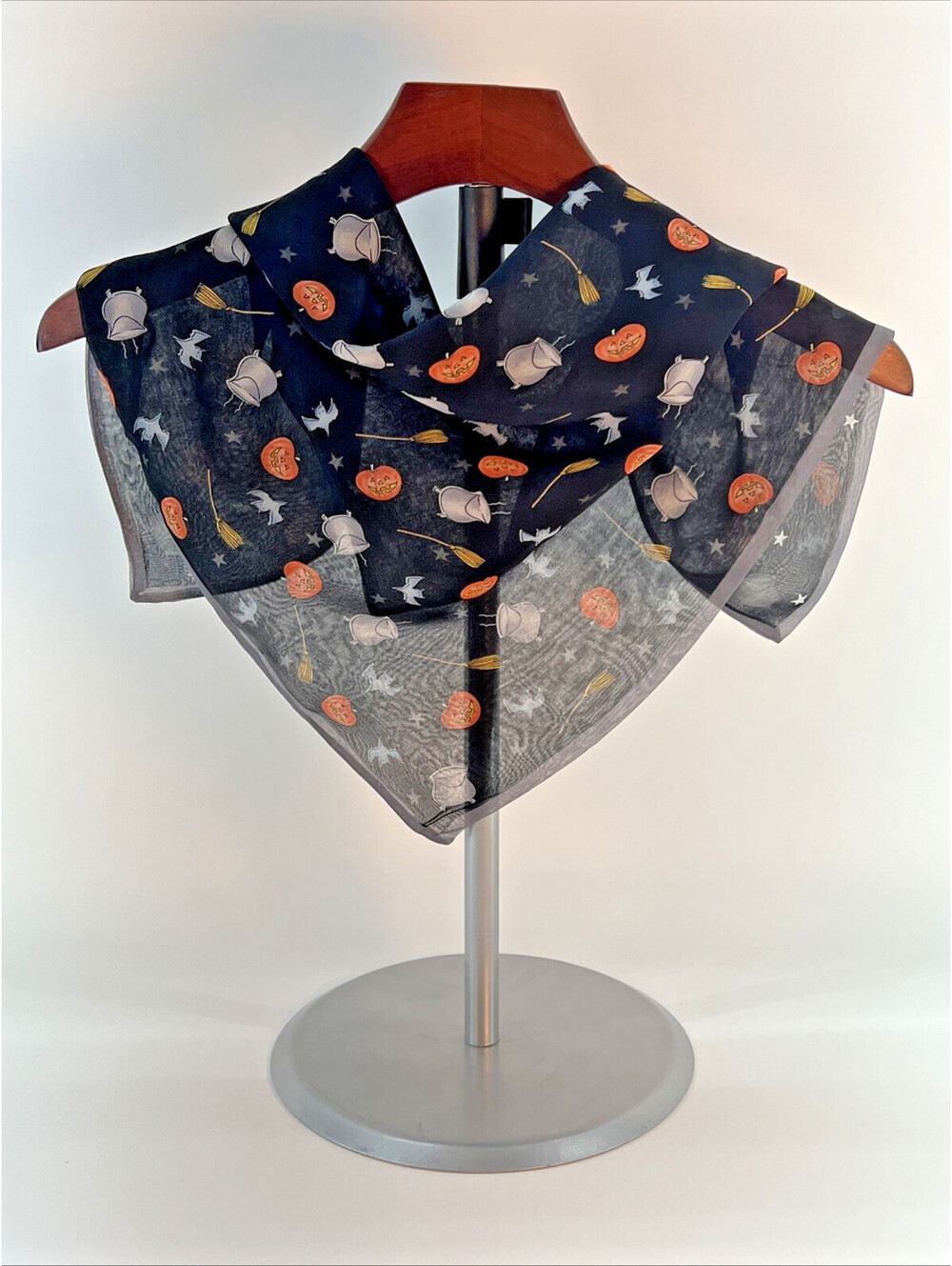 Talbots Sheer Silk 21" Square Halloween Scarf Pumpkins Brooms Cauldrons Bats